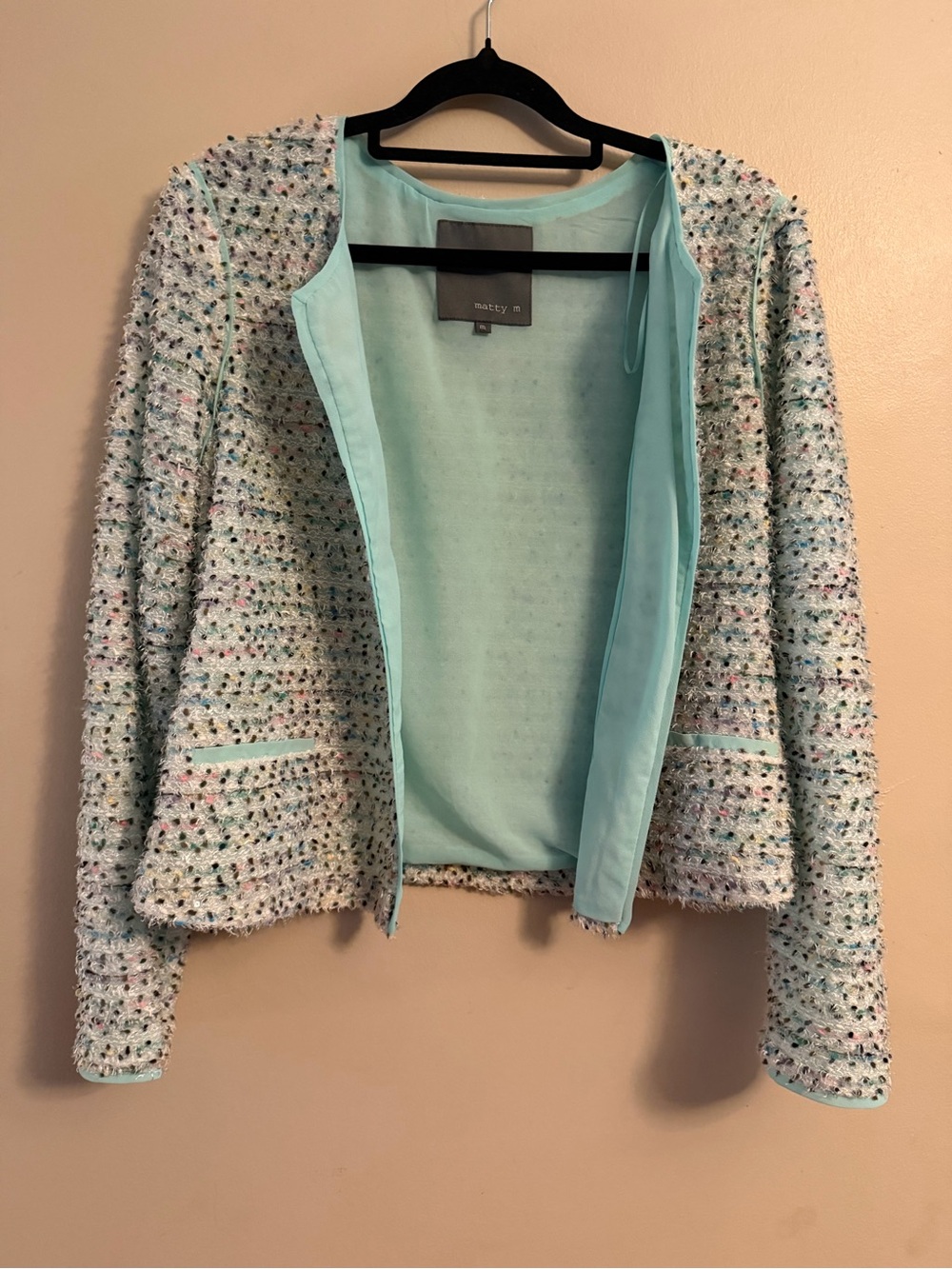 Matty M Mint Bouclé Tweed Open Jacket with Multicolor Flecks